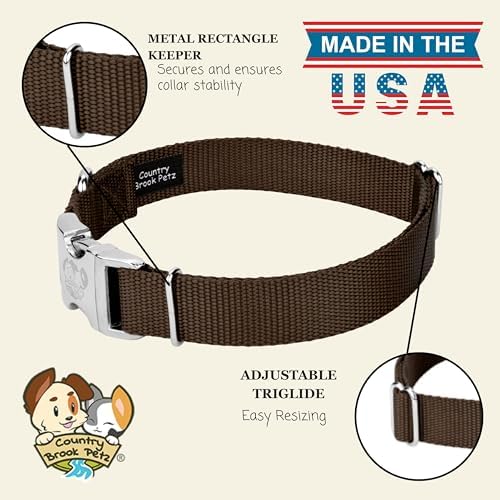 Country Brook Petz - Premium Nylon Dog Collar with Metal Buckle for Small Medium Large Breeds - 30+ Colors (Large, 1 Inch, Brown)