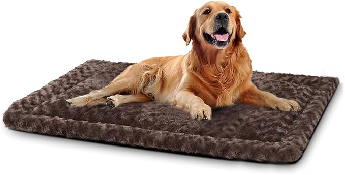Exsnugy Washable Dog Bed Mat Large Size Fluffy Pet Crate Pad 42x28 XL | Non-Slip Bottom Kennel Beds Ultra Soft Comfy Sleeping Mattress for Large Medium Small Dogs Brown