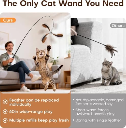 Potaroma Cat Wand Toy, Retractable Carbon Fiber Feather Teaser with Bells