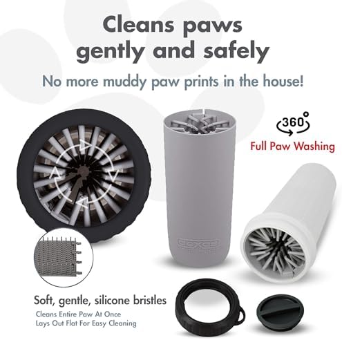 Dexas Lidded MudBuster Large Dog Paw Cleaner, Light Gray, Fits 2.5"-3.5" Wide Paws Gentle Silicone Bristles for Quick, Easy Cleaning