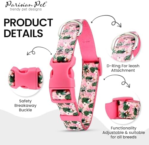 Parisian Pet Floral Pink Dog Collar - Adjustable Tropical Toucans Pet Collar with Secure Buckle and Metal D-Ring - Comfortable Designer Girl Puppy Collars - Durable Nylon Dog Collars for Medium Dogs