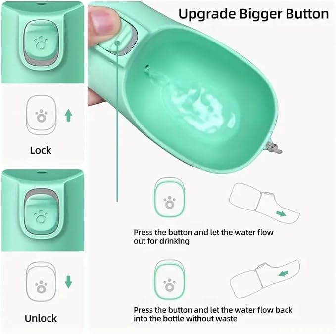 Leak-Proof Portable Dog Water Bottle with Built-in Bowl | Travel Pet Water Dispenser for Hiking, Walking & Outdoor Use | One-Hand Operation (Green)