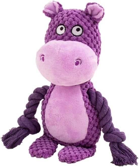 Plush Hippo Dog Toy with Rope Arms, Squeaky Interactive Pet Toy, Purple, for Small & Medium Dogs