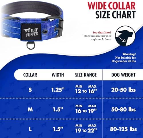 Tuff Pupper Heavy Duty Tactical Dog Collar | 1.25" Wide Ballistic Nylon | Reflective Stitching | Integrated ID Tag Holder | Stainless Steel Buckle | Padded Lining | Small & Medium Dogs (Blue, Small)