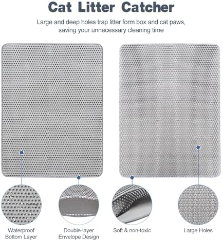 Cat Litter Mat 30"x24" Double Layer Waterproof & Non-Slip - Honeycomb Washable EVA Large Litter Mat for Scatter Control, Urine Proof Litter Trapping Mat for Litter Box(Light Grey)