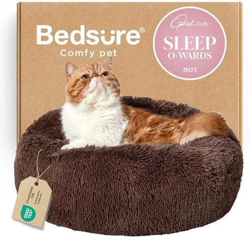 Bedsure Calming Cat Beds Donut Round Washable Kitten Bed,20 inches Coffee