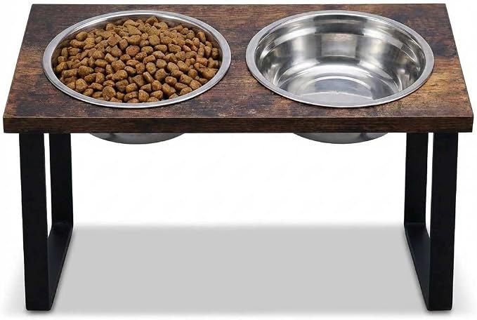 Elevated Dog Bowl Stand for Medium and Large Dogs, MDF Raised Dog Feeder with 2 Stainless Steel Bowls, Tilted Dog Food and Water Dish Set, Wooden Pet Feeding Station (Black)