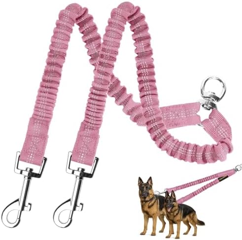 MingXpet 2 Dog Leash, Dog Leash for 2 Dogs, 360° Swivel No Tangle Double Walking Training Leashes for Large Dogs that Pull, Comfortable Shock Absorbing Reflective Bungee, Pink