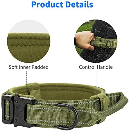 Reflective Tactical Dog Collar Adjustable for Training and Service K9 Dog Collar with Military Nylon Heavy Duty Metal Buckle and Control Handle for Medium and Large Dogs,1.5" Width Green L