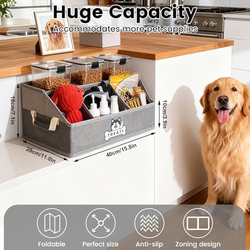 Dog Treat Storage Organizer for Countertop with Fabric Handle and Dividers