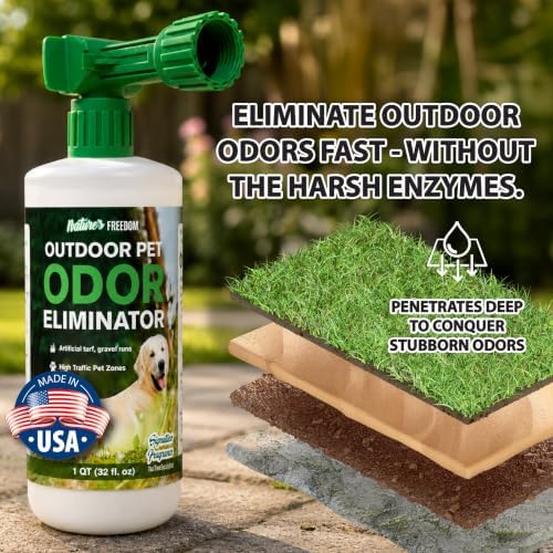 Nature's Freedom Outdoor Pet Odor Eliminator with Hose-End Sprayer – Quart Enzyme Cleaner for Dog & Cat Urine, Grass, Patios, Kennels & Decks