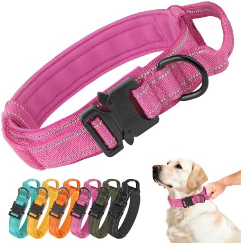 Tactical Dog Collar Military Adjustable Pet Collar with Control Handle, Reflective Heavy‑Duty Metal Buckle, Soft Padded Nylon Training Collar for Medium Large Dogs (Rose Red, Extra Large)