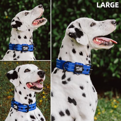Tuff Pupper Heavy Duty Tactical Dog Collar | 1.5" Wide Ballistic Nylon | Reflective Stitching | Integrated ID Tag Holder | Stainless Steel Buckle | Padded Lining | Medium & Large Dogs (Blue, Large)
