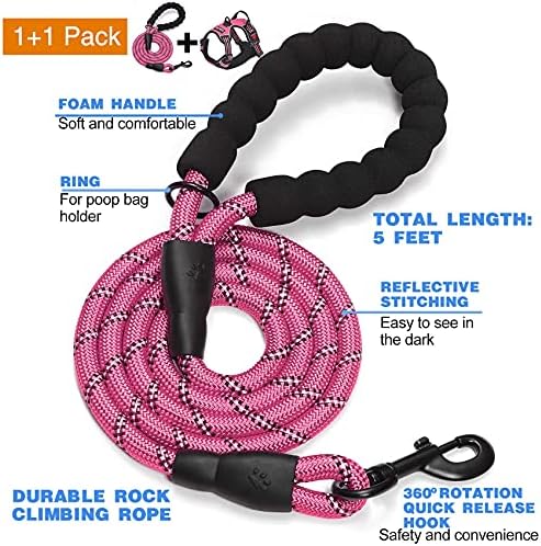 tobeDRI No Pull Dog Harness Adjustable Reflective Oxford Easy Control Medium Large Dog Harness with A Free Heavy Duty 5ft Dog Leash, Pink, L