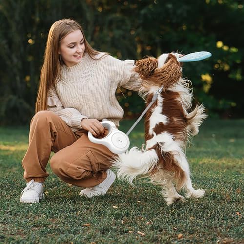 16Ft Retractable Dog Leash, One-Hand Brake Lock, 360° Tangle-Free Swivel, Sturdy Nylon Tape, Ergonomic Grip Handle for Small Medium Large Dogs (White)