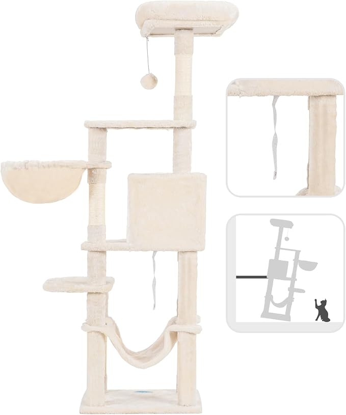 Hey-brother Cat Tree, Multi-Level Sisal Covered Scratching Posts, MPJ050M | 60.6 Inches Tower with Condo, Large Hammock, Top Perch, Toy Ball for Indoor Multi-Cats Households, Beige