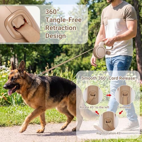 Segarty 26 Ft Walking Lead with Poop Bag Holder for Pet 66 lbs - 110 lbs, 360°Tangle-Free 8m Long Retractable Leash with Anti-Slip Handle One-Handed Brake Pause Lock, Heavy-Duty Leash for Dogs Outside