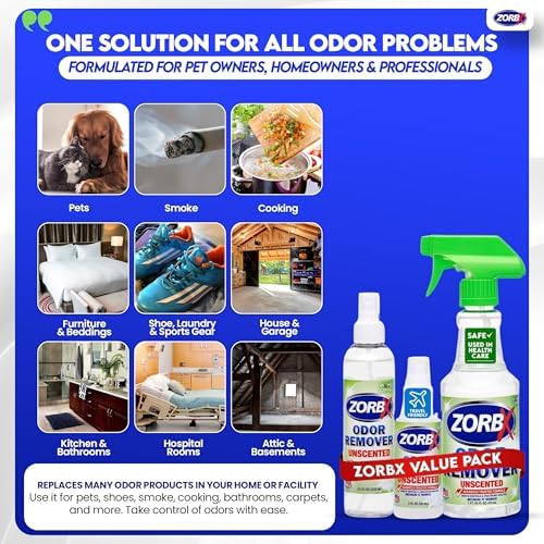 ZORBX Unscented Odor Remover Spray Set, 16+7.5+2 Oz, Hospital-Grade