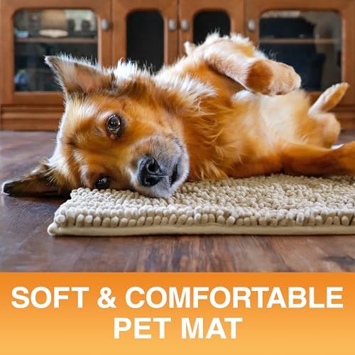 Neater Pets Muddy Paws Dog Door Mat 30” x 20" – Super Absorbent & Quick-Dry Chenille Doormat for Trapping Dirt, Water, Mud - Non-Slip & Machine Washable Pet Rugs for Entryway, Indoor Mud Mats, Tan