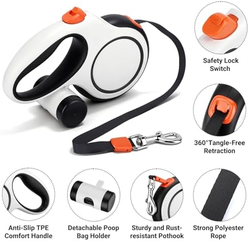 Segarty 16 Ft 360°Tangle-Free Leash with Detachable Waste Bag Holder, Retractable Dog Lead for Pet up to 66 Lbs, 5m White Walking Leash with Anti-Slip Handle & One-Handed Brake Pause Lock for Outdoors