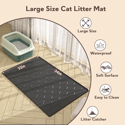 Garoopion Silicone Cat Litter Mat 34×22 inch, Easy to Clean, Black