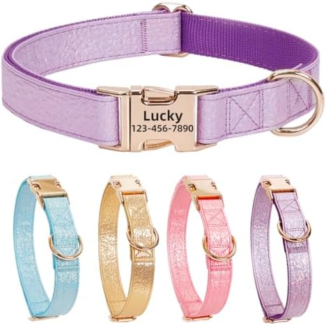 Glare Purple Personalized Dog Collars Leather and Nylon Thicken Design