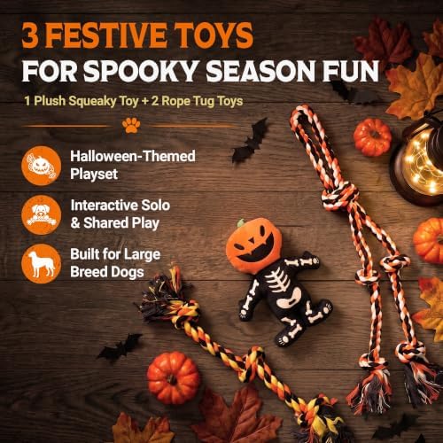 Pacific Pups Products Halloween Dog Toys for Large Dogs — 3-Pack Set | Plush Squeaky Toy + Dog Halloween Rope Toys Benefits Dog Rescue