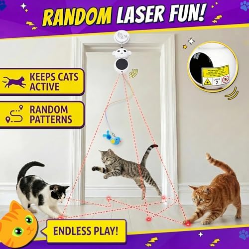 Interactive Cat Toys for Indoor Cats: 2-in-1 Laser Pointer Cat Toy with Automatic Flying Bird & Mouse Wand, Adjustable Speed USB Rechargeable Doorway Hanging Toy for Bored Kittens and Adult Cats