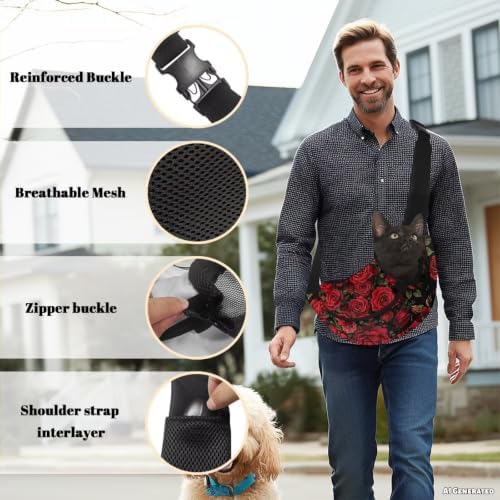 COEQINE Red Floral Dog Carrier Sling Mesh Bag Hands-Free Pet Sling Pouch