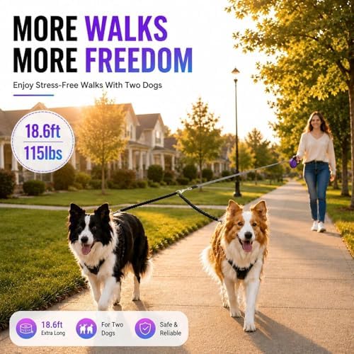 Double Retractable Dog Leash for Two Dogs Up to 115 lbs - 18.6 ft Coupler Leashes for Small Medium Dogs - One Locked System, Non Slip Grip, Tangle Free