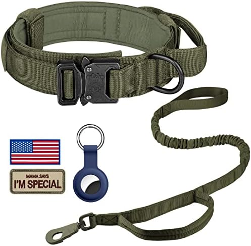 DAGANXI Tactical Dog Collar, Adjustable Military Training Nylon Dog Collar with Control Handle and Heavy Metal Buckle for Medium and Large Dogs, with Patches and Airtags Case (M, Green-Set)