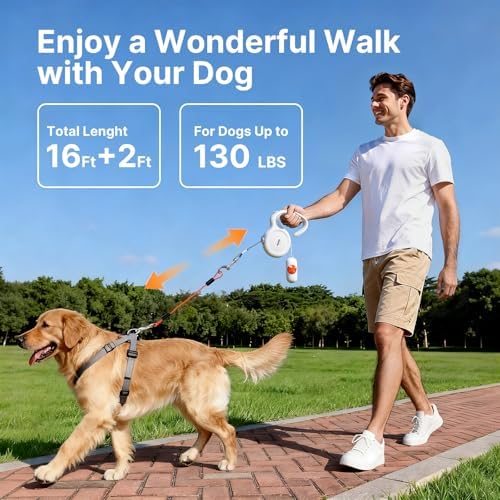 16Ft Retractable Dog Leash with Chew-Proof Steel Cable, 360° Tangle-Free, Built-in Poop Bag Dispenser, Ergonomic Comfort Grip Handle for Medium Large Dogs Up to 130lbs