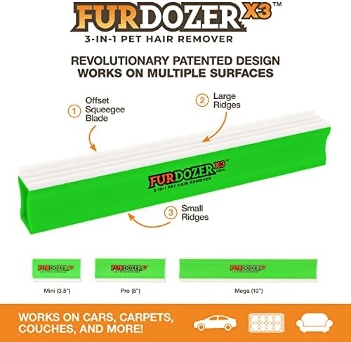 FurDozer Pet Hair Remover & Auto Detailing Tools - Cat & Dog Hair Remover for Carpets, Car Interiors, Couches, Bedding, & Pet Furniture (Green, X3 MEGA - 10" Long)