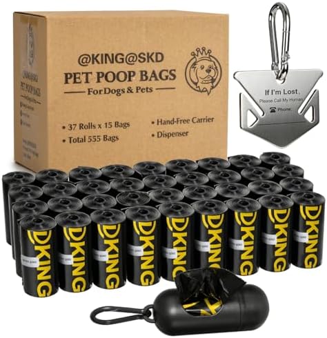 Dog Poop Bags Dispenser Stainless Steel Holder with Pet ID Tag | 555 leak proof bags dispenser and steel holder with writable ID tag for walks training and travel