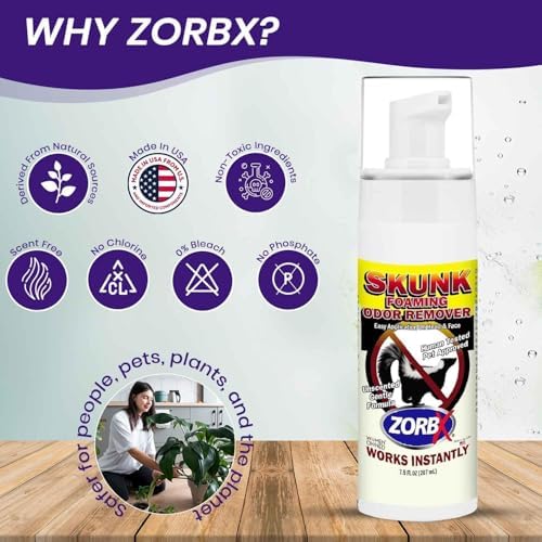 ZORBX Unscented Skunk Odor Remover Foam 7.5 FL Oz - Fast Acting Skunk Smell Removal - Extra Strength Pet Skunk Odor Remover for Dogs, House, Car, Clothes & Furniture