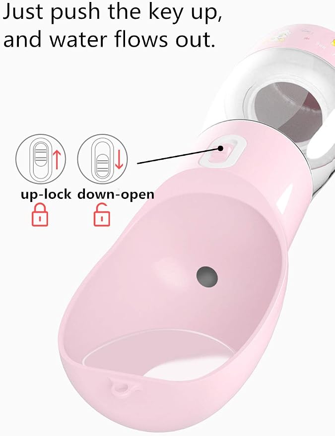 Portable Dog Water Bottle - Leak Proof Dog Water Dispenser with Bowl & Food Container, Dishwasher Safe Food Grade Plastic for Pet Puppy Outdoor Walking Hiking Travel Pink
