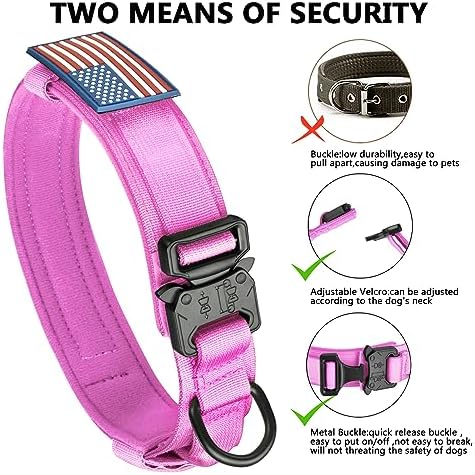 DAGANXI Tactical Dog Collar, Adjustable Military Training Nylon Dog Collar with Control Handle and Heavy Metal Buckle for Medium and Large Dogs, with Patches and Airtags Case (L, Pink)