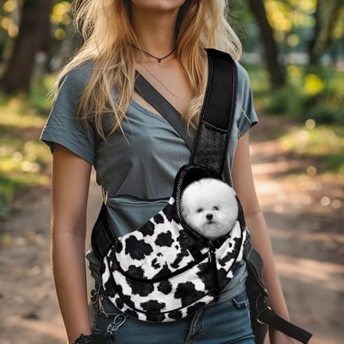 White Cow Print Cat Sling Carrier Adjustable Strap Pet Carrier Sling for Small Dogs Cats Hands Free Pet Puppy Outdoor Travel Shoulder Bag Breathable Sling Travel Tote Bag up to 5lb Puppy