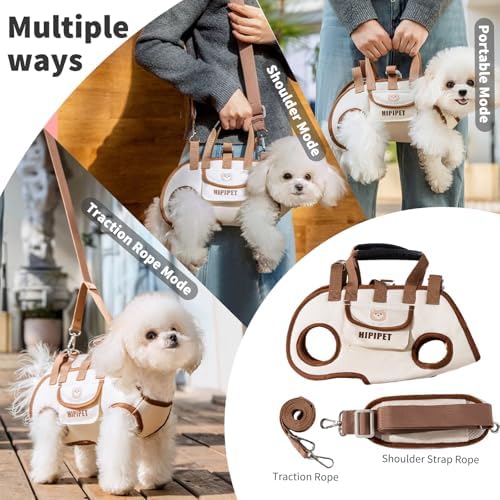 PETCUTE 4-in-1 Dog Carrier Sling,Adjustable Puppy Carriers with Storage Pocket, Hand-Free Dog Sling Carrier for Carry Small Dogs and Cats,Legs Out Pet Travel Safety Harness,Beige+Brown,S