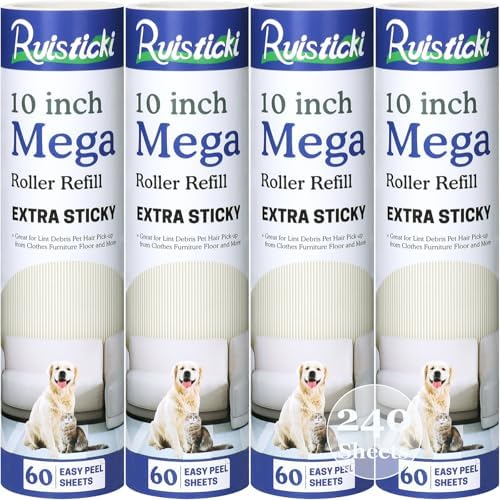 10 inch Mega Lint Roller Refills for Evercare Layers Smart Design Large Lint Rollers, 50% Stickier Refills Pack of 4, 60 Sheets per Refill, Total 240 Extra Sticky Sheets