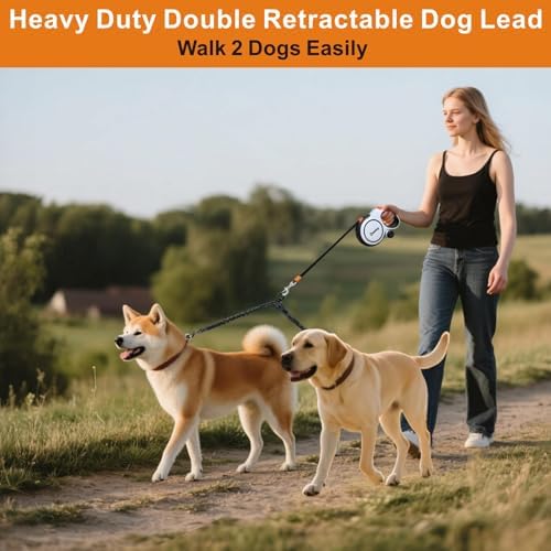 Retractable Dog Leash, 26ft Retractable Lead with Bungee Leads for 2 Dogs, Double Leash with Dog Safety Harness Buckle, Extendable Lead 8m for Medium Large Dogs (White, 8m)