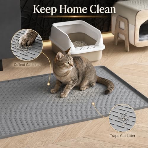 Cat Litter Mat 40"x28", Silicone Waterproof Litter Box Mat, Non-Slip Litter Trapping Mat for Cats, Easy Clean Foldable, Dark Gray