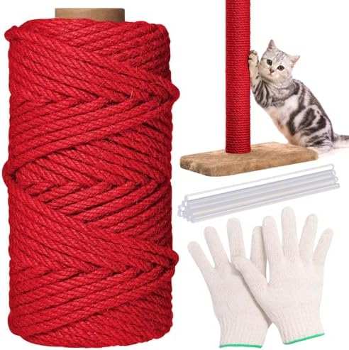 Natural Sisal Cat Rope for Posts, 1/4in ×164ft, Red