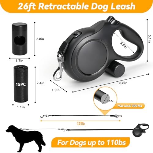 26ft Retractable Dog Leash for Large Dogs Up to 110lbs, Black