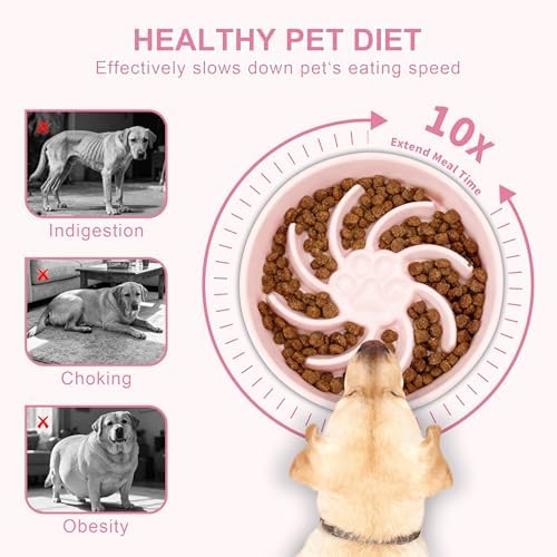 Ceramic Slow Feeder Dog Bowl, 3 Cup Dog Food or 25oz Water, Slow Eating Bowl for Middle Breed, Maze Puzzle Feeder for Fast Eaters, Anti-Choking Stop Bloat, Non-Slip BPA Free (Pink)