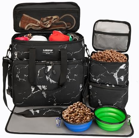 LARIPOP Dog Travel Bag Airline Friendly for Small Medium Large Dogs, Pet Travel Organizer with Collapsible Bowls Food Containers Mat, Waterproof Portable Tote for Dog Outdoor Travel