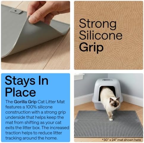 GORILLA GRIP Cat Litter Box Mat, Dual Layer Silicone Tray, 24x15, Gray