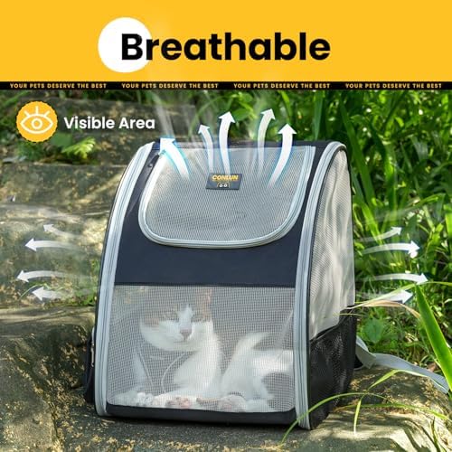 Conlun Cat Backpack Carrier for Small Dogs and Cats Fit Up to 15 Lbs,Small Dog Backpack, Foldable with 3-Side Mesh Windows, Pet Carrier for Travel & Hiking Friendly，Gray