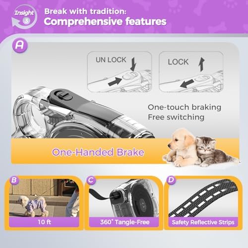 10 ft Retractable Dog Leash for Tiny & Small Dogs, Puppies, Cats