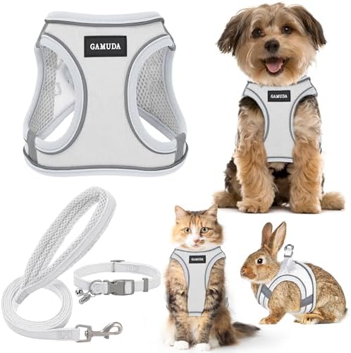GAMUDA Small Pet Harness Collar and Leash Set, Step in No Chock No Pull Linen Fabric Soft Mesh Dog Vest Harnesses Reflective for Dogs Puppy Cats Kitten Rabbit (White, XXS)